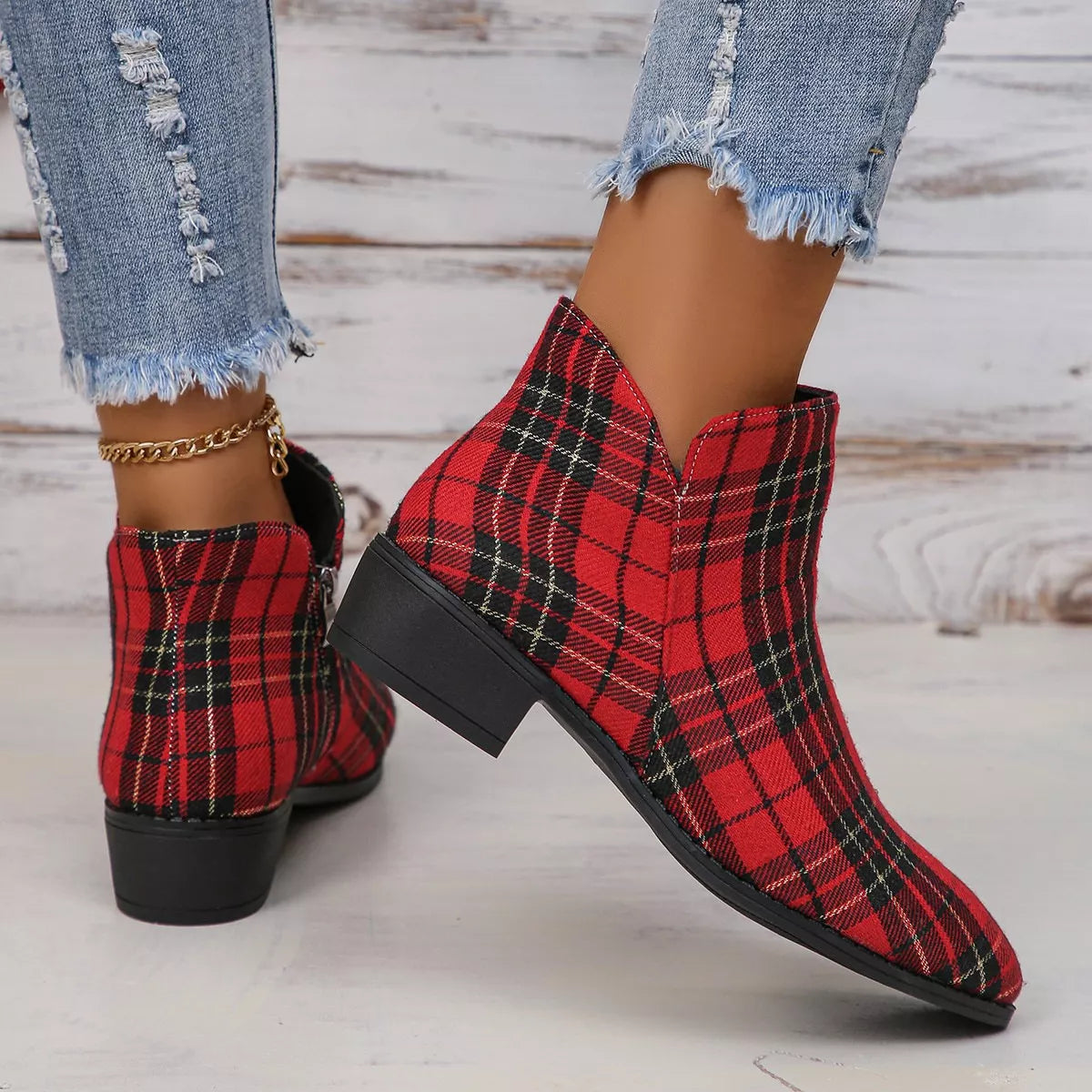 Plaid Point Toe Ankle Boots -