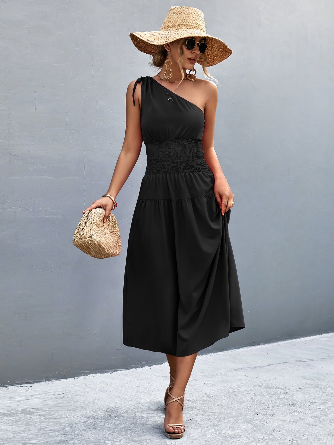 Asymmetrical One Shoulder Smocked Waist Midi Dress | AdoreStarr