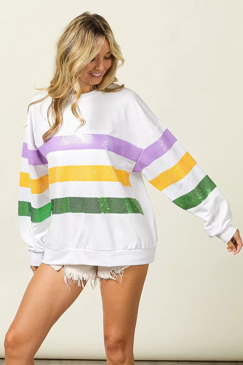 Sequin Mardi Gras Striped Round Neck Sweatshirt -