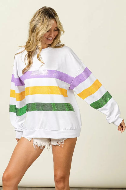 Sequin Mardi Gras Striped Round Neck Sweatshirt -