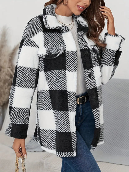 Plaid Button Up Long Sleeve Fuzzy Outerwear - Black