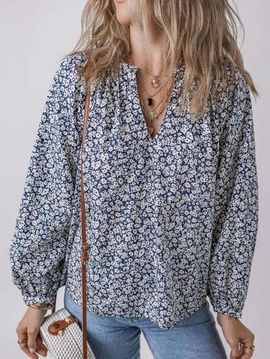 Floral Print Notched Long Sleeve Blouse - Dusty Blue