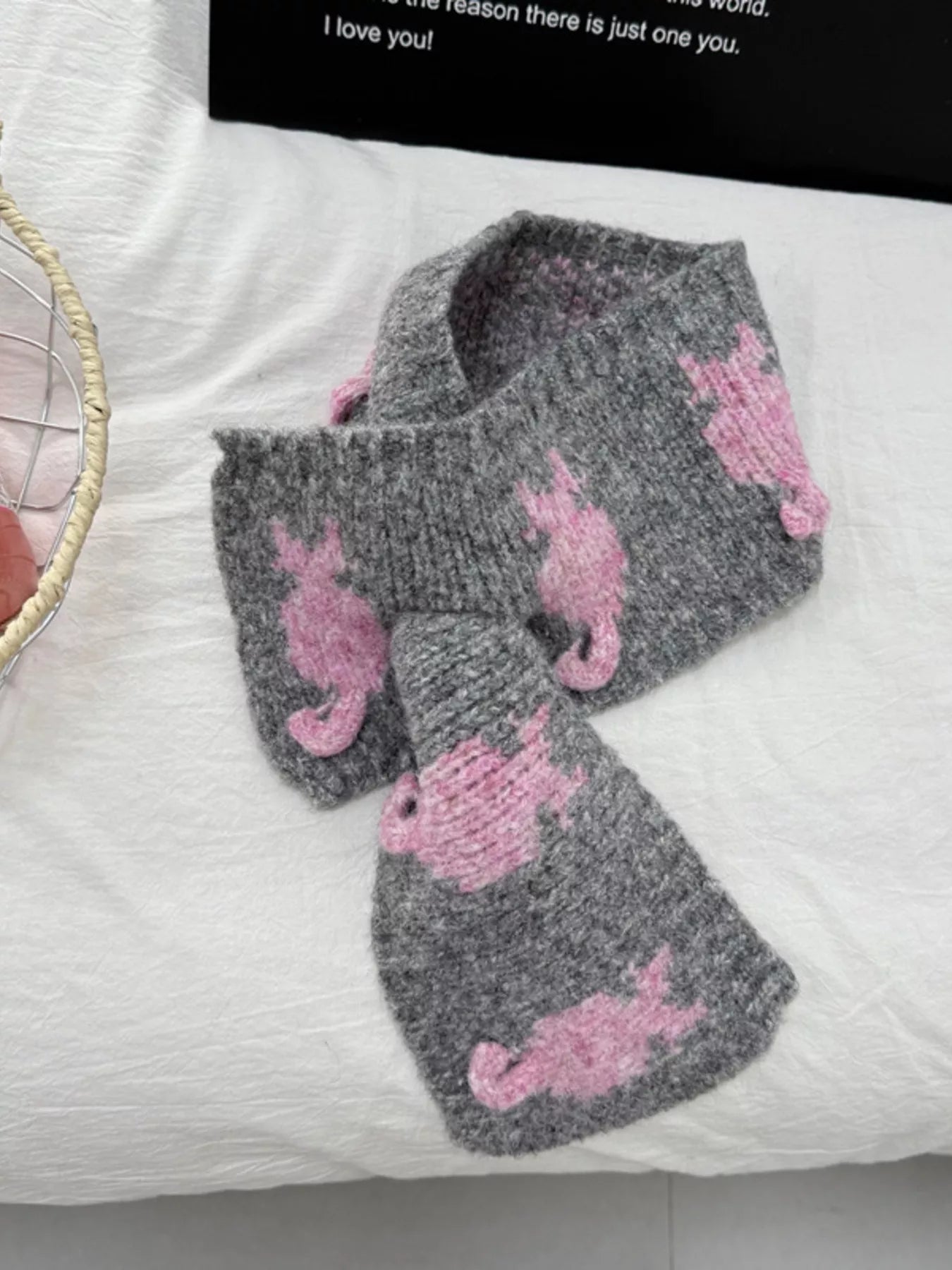 Knitted Contrast Pattern Warm Scarf - Dark Gray One Size