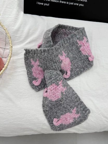 Knitted Contrast Pattern Warm Scarf - Dark Gray One Size
