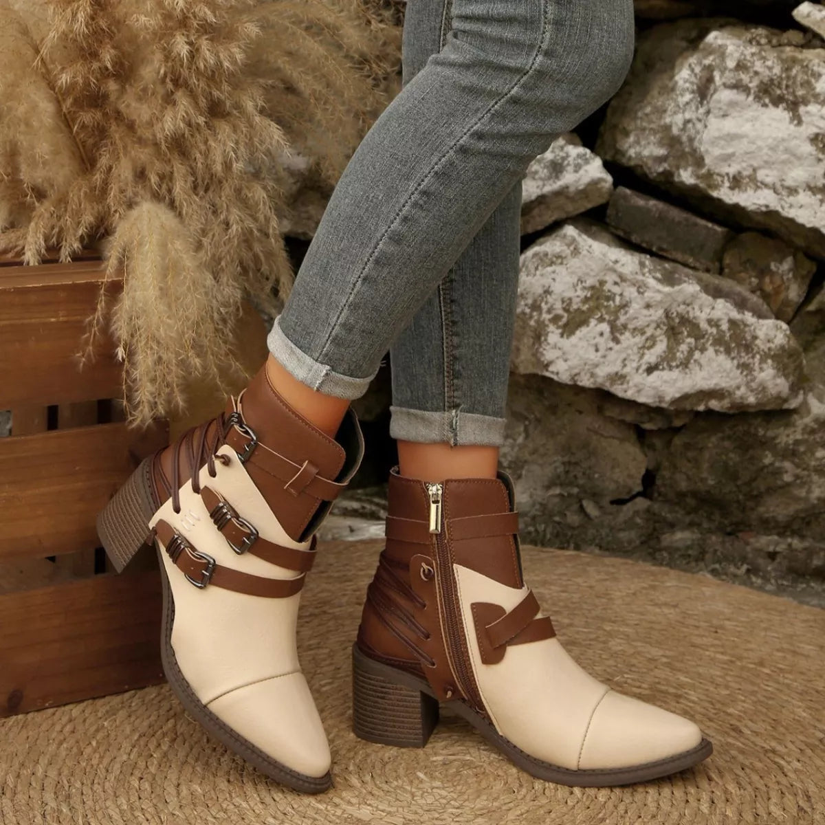 Point Toe Buckle Strap Ankle Boots - Rice Brown