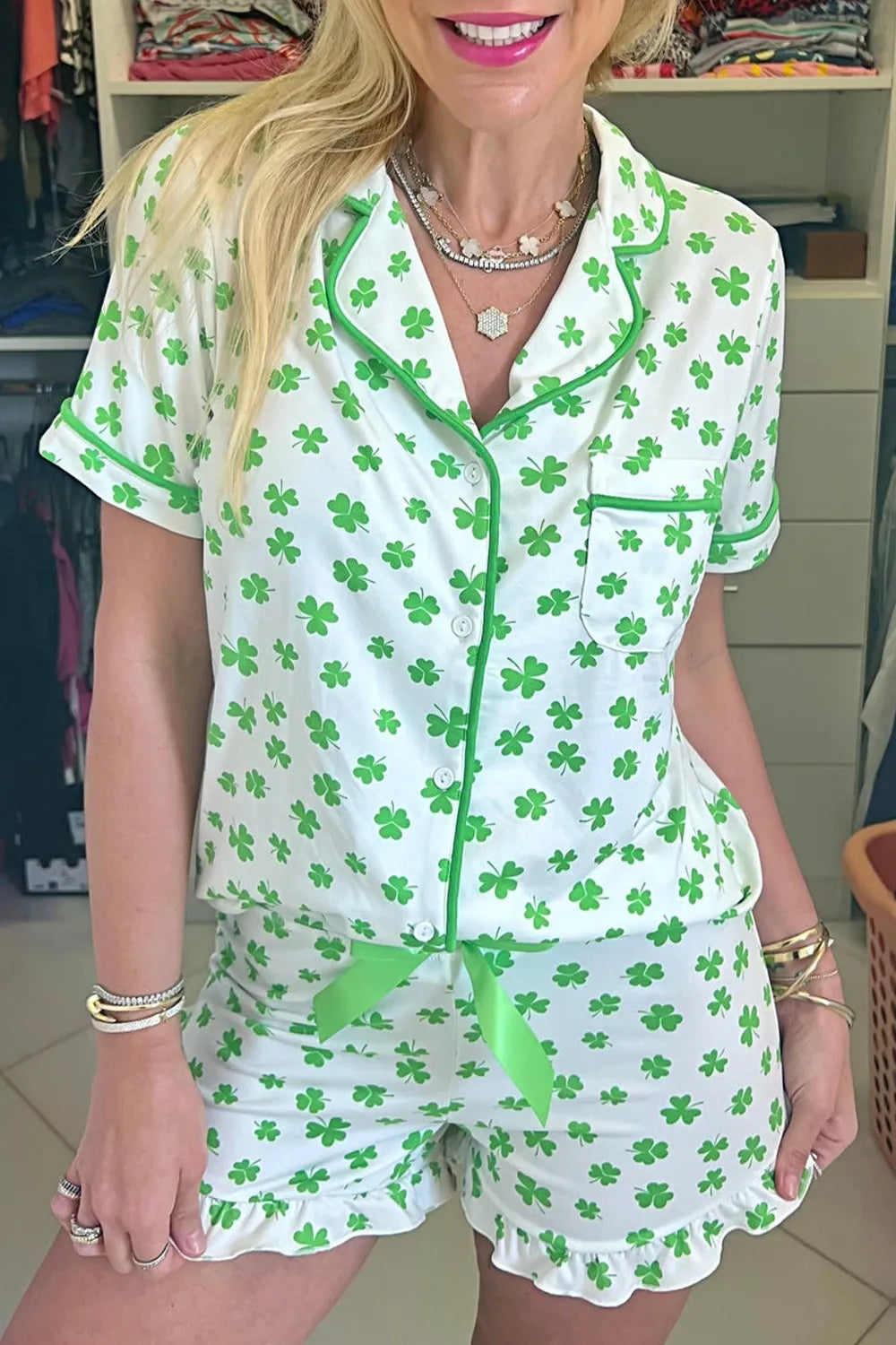 Lucky Clover Shirt and Shorts Lounge Set - Green