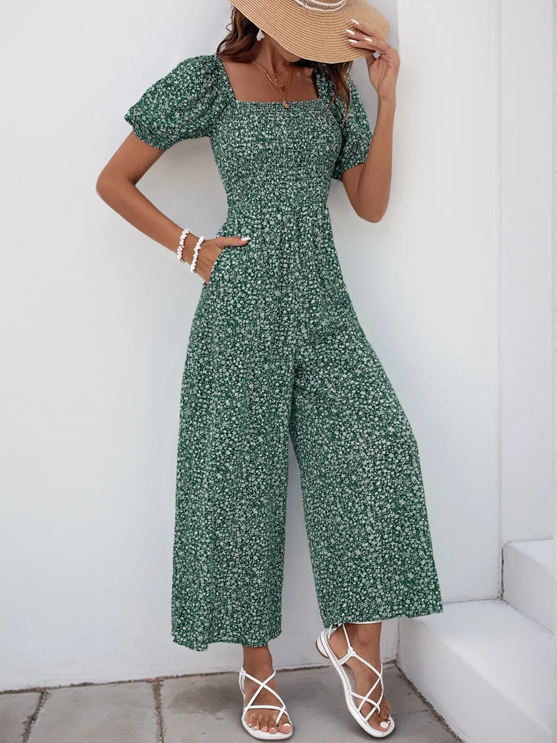 Printed Square Neck Puff Sleeve Jumpsuit - Dark Green