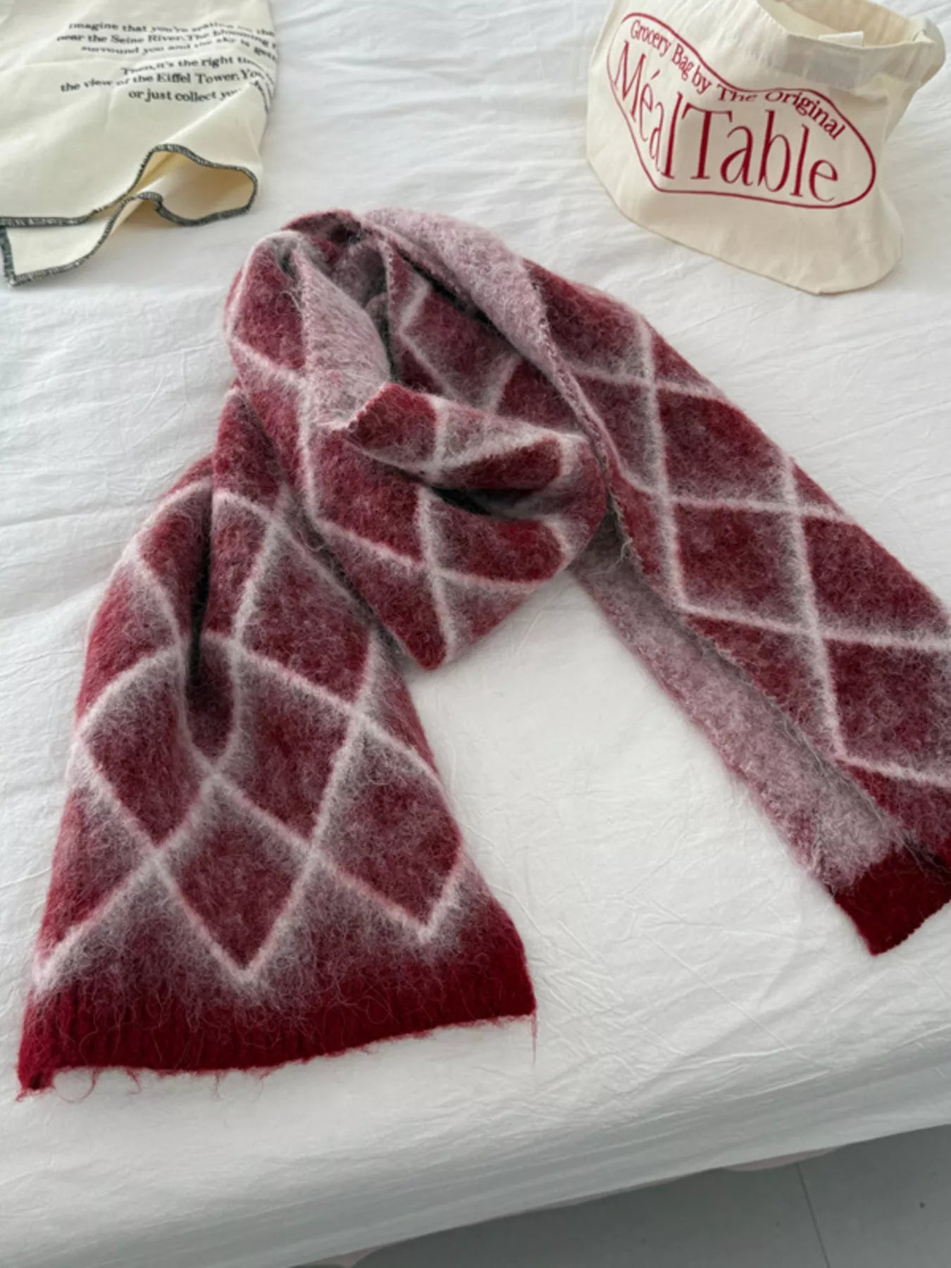 Diamond Pattern Fuzzy Knit Scarf -
