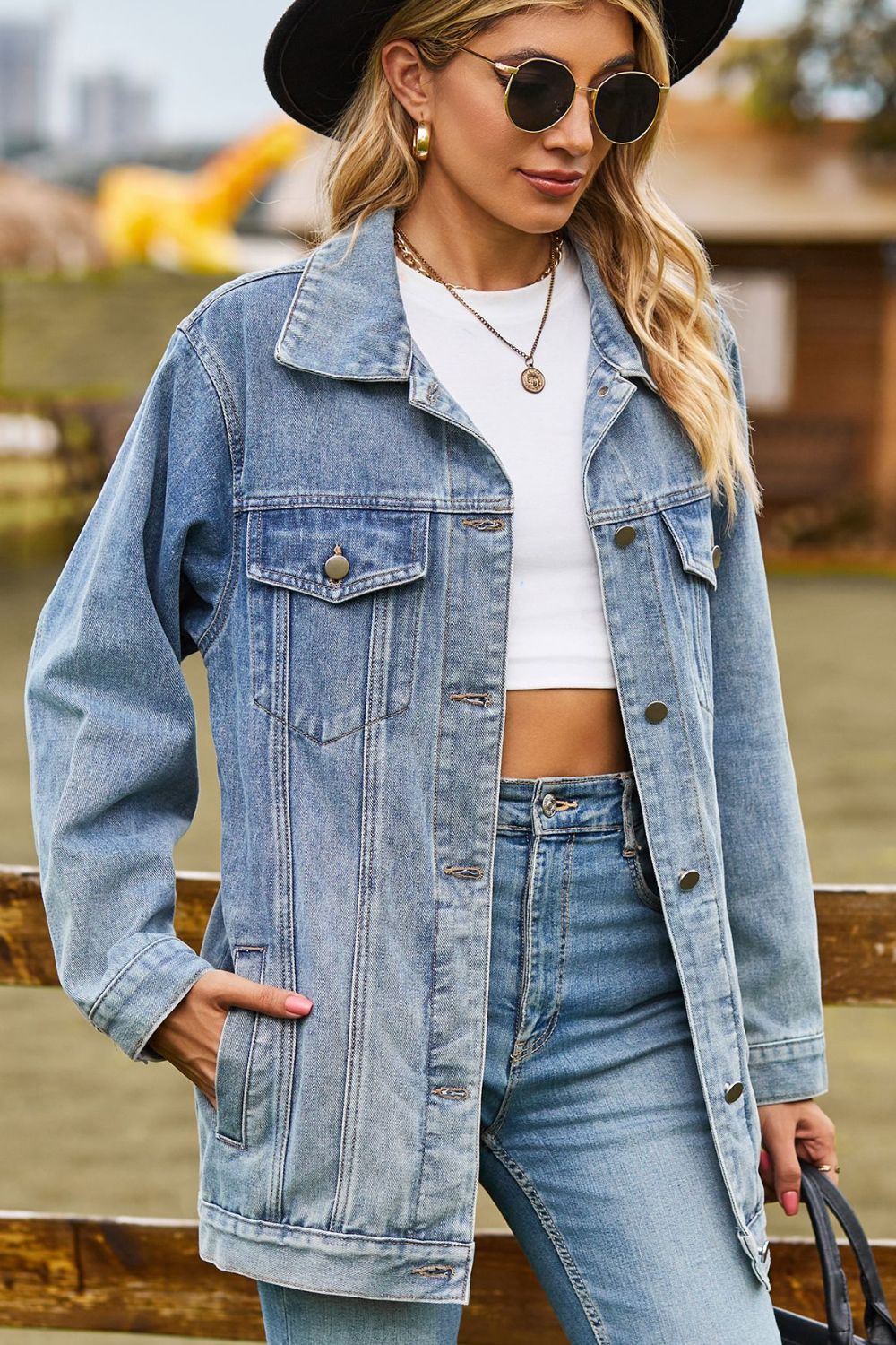 Buttoned Collared Neck Denim Jacket - Medium