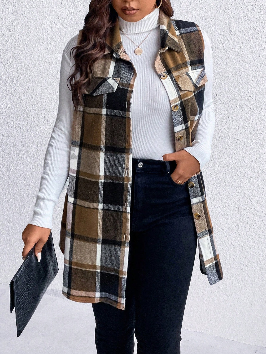 Plus Size Pocketed Plaid Button Up Vest Coat - Camel