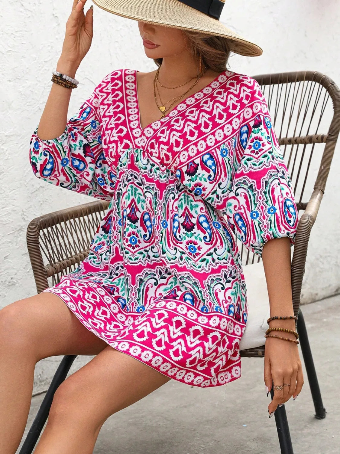 Printed Tie Back Half Sleeve Mini Dress -