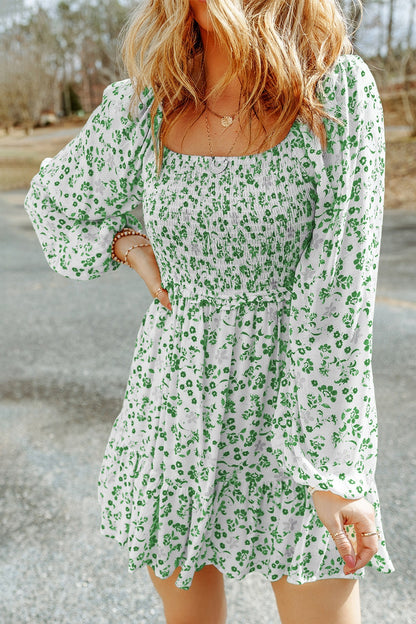 Smocked Floral Square Neck Balloon Sleeve Dress - Green