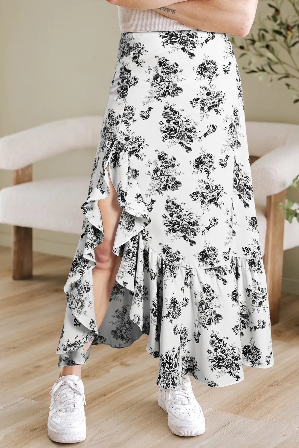 Boho Floral High Waist Ruffle Split Maxi Skirt -