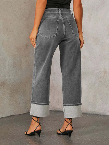 High Waisted Straight Leg Rolled Jeans -