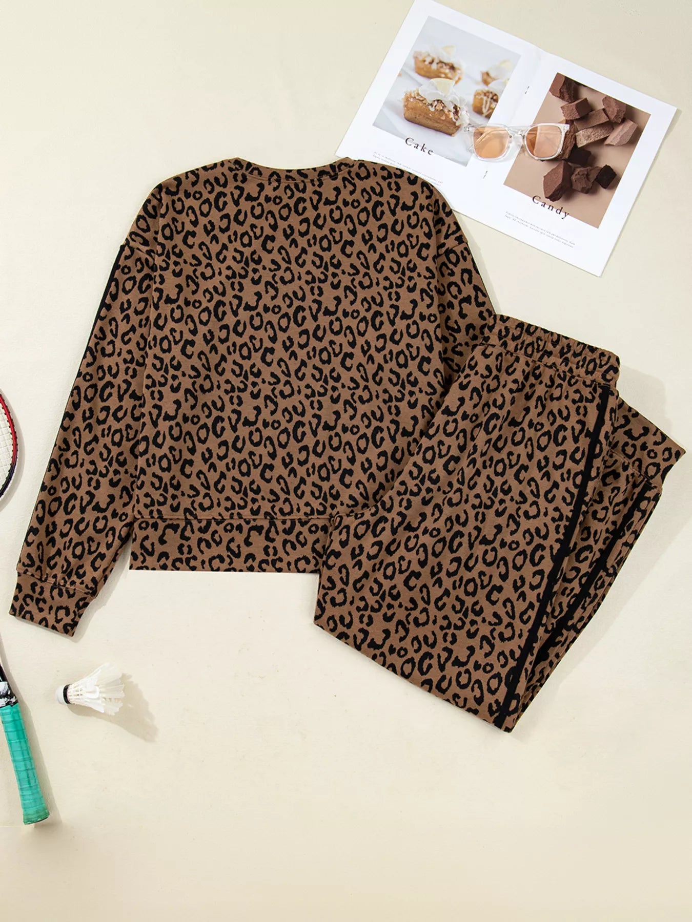 Striped Trim Leopard Long Sleeve Top Drawstring Pant Set -