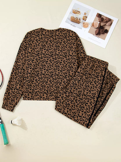 Striped Trim Leopard Long Sleeve Top Drawstring Pant Set -