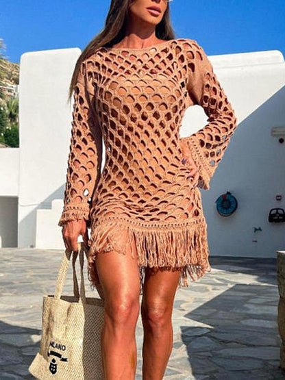 Fringe Cutout Long Sleeve Cover-Up