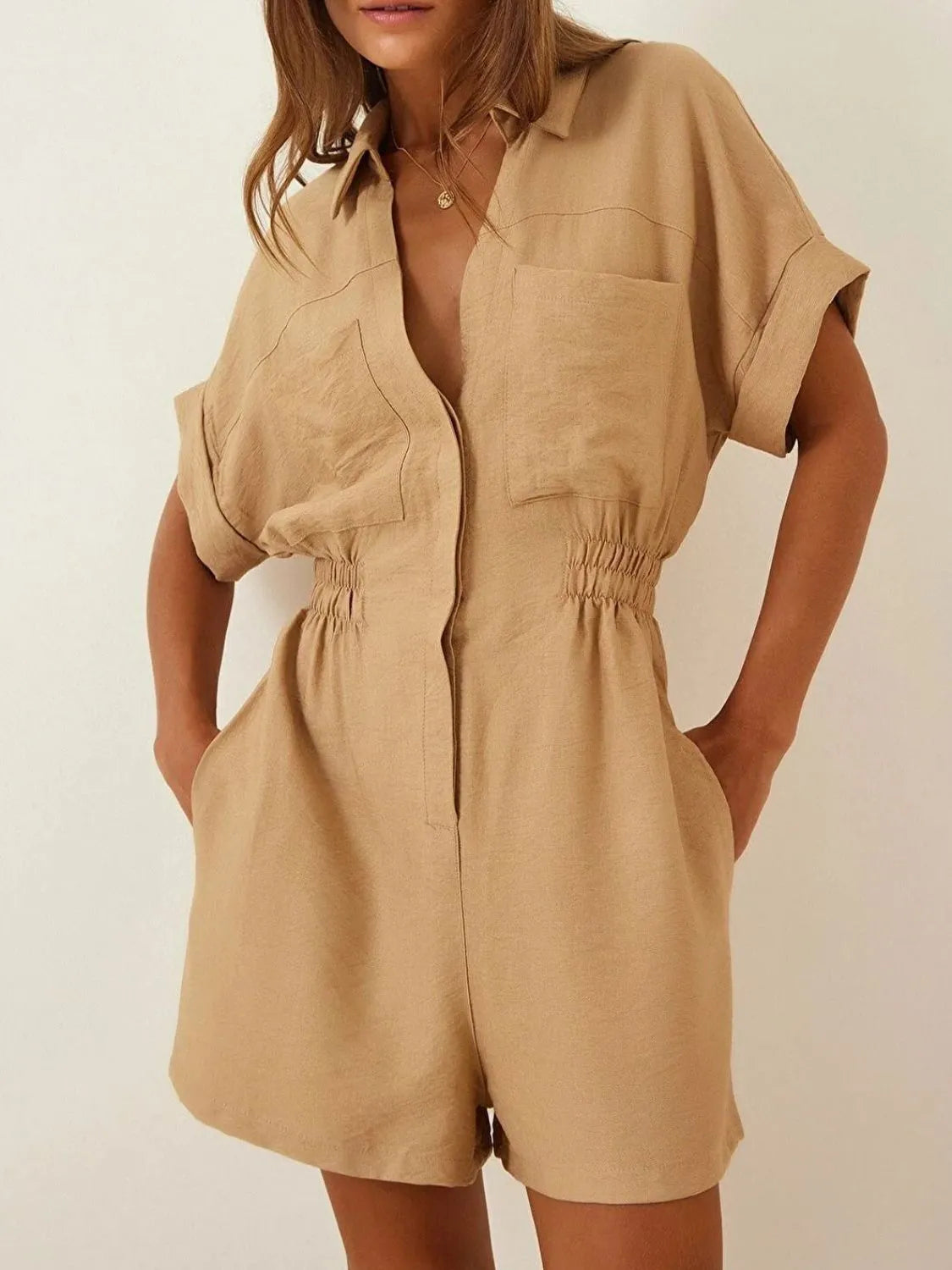Johnny Collar Short Sleeve Romper - Tan