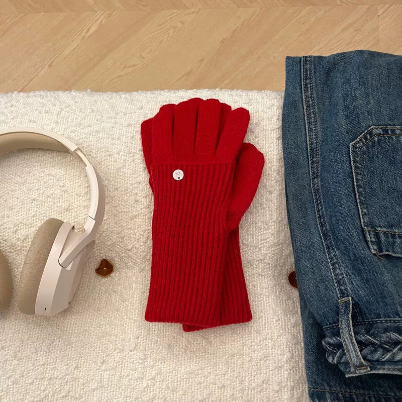 Ribbed Knit Touchscreen Gloves - Red One Size