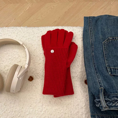 Ribbed Knit Touchscreen Gloves - Red One Size