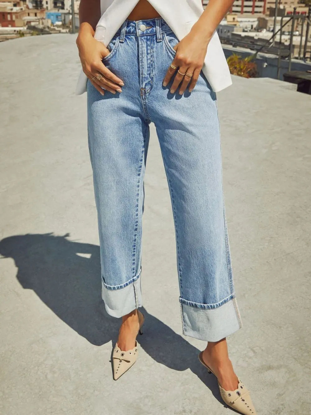 High Waisted Straight Leg Rolled Jeans -