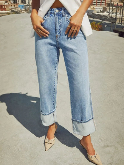High Waisted Straight Leg Rolled Jeans -