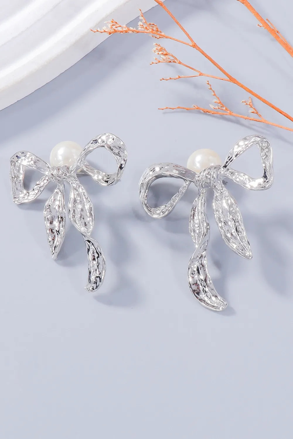 Synthetic Pearl Bow Necklace and Bow Earrings Jewelry Set -