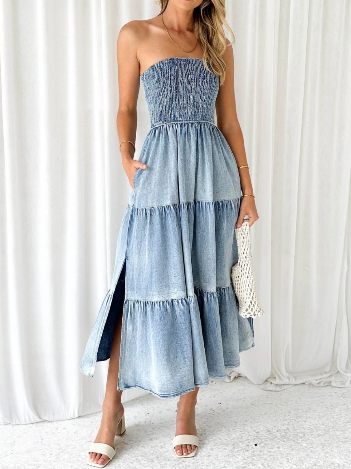 Slit Smocked Tube Tiered Denim Dress - Dusty Blue