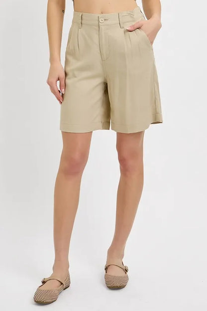 High Rise Pleated Front Shorts - Tan
