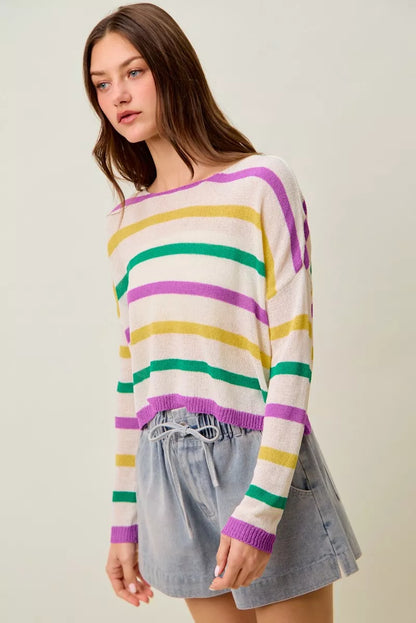Mardi Gras Color Stripe Lightweight Sweater Top -