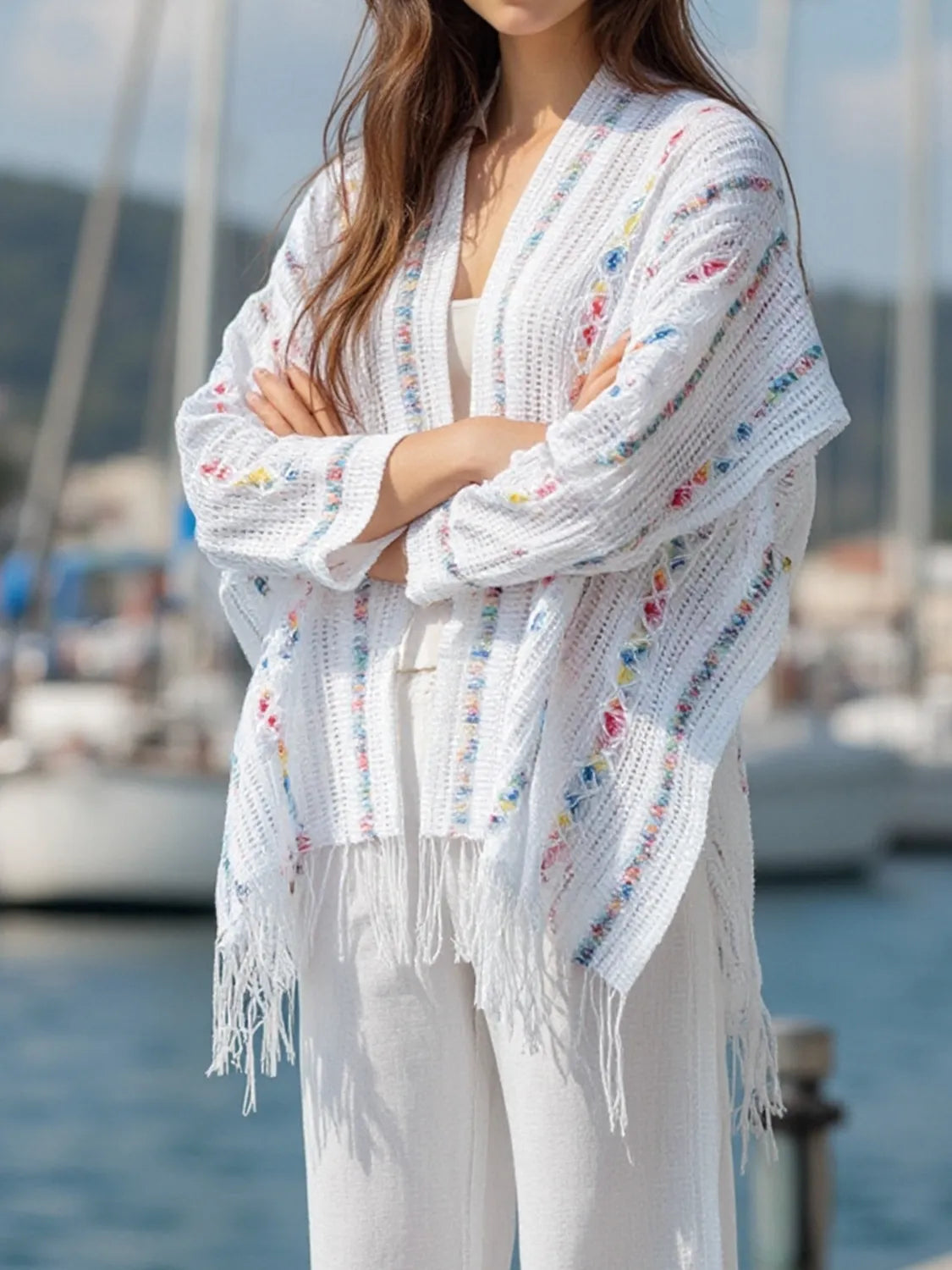 Openwork Fringe Open Front Knit Cape - White One Size