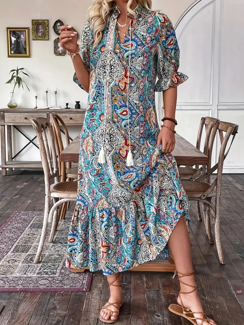 Printed Tie Neck Flounce Sleeve Midi Dress - French Blue