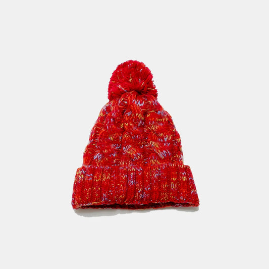 Contrast Cable-Knit Hat with Pompom - Deep Red One Size