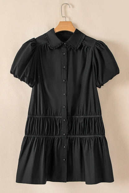 Button Down Puff Sleeve Ruffle Hem Dress -
