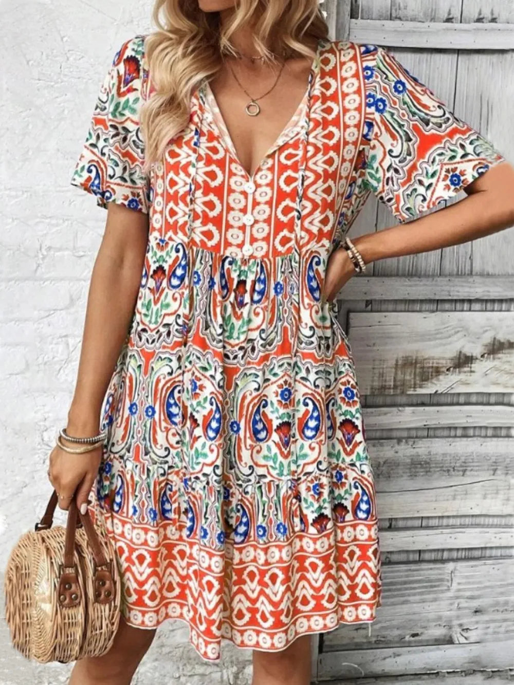 Printed Tie Neck Short Sleeve Dress - Sherbet