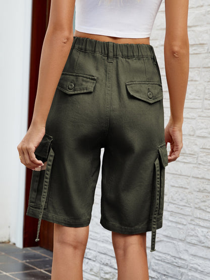 High Waist Denim Shorts with Pockets - Army Green