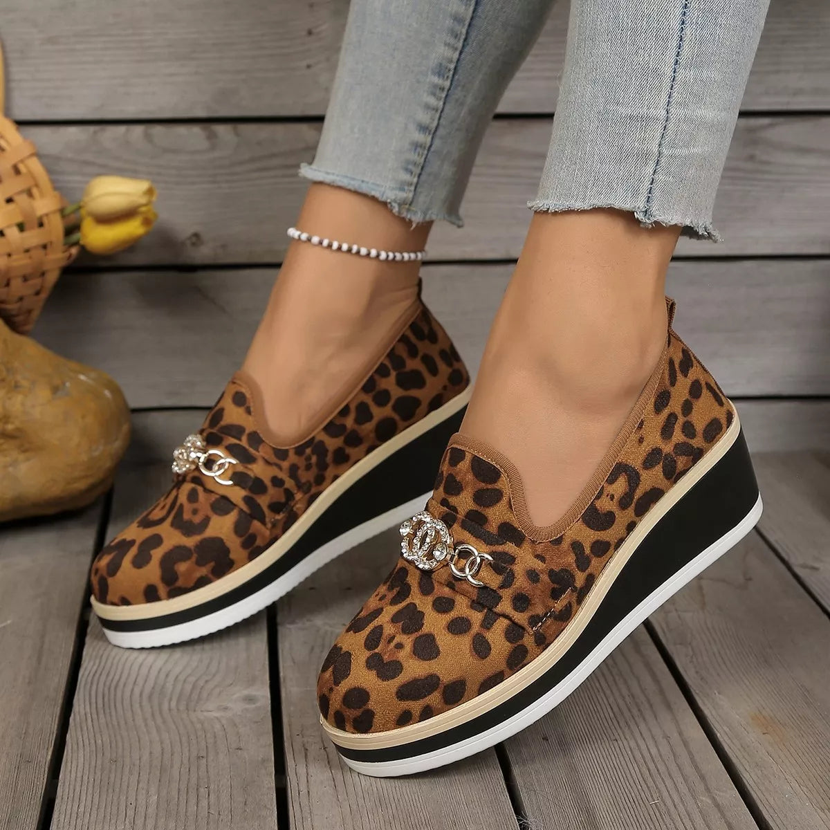 Leopard Print Platform Loafers - Gold