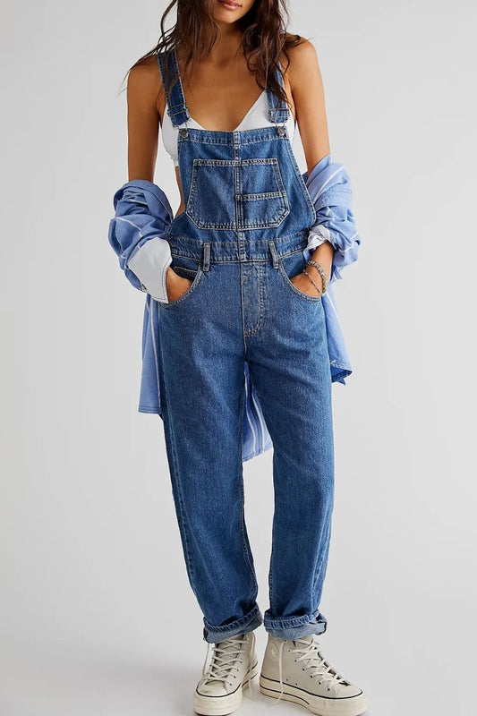 Wide Strap Square Neck Denim Overalls - Medium
