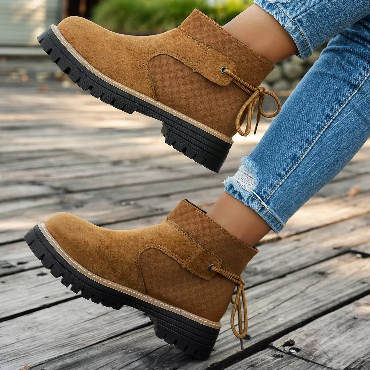 Block Heel Ankle Boots - Light Brown