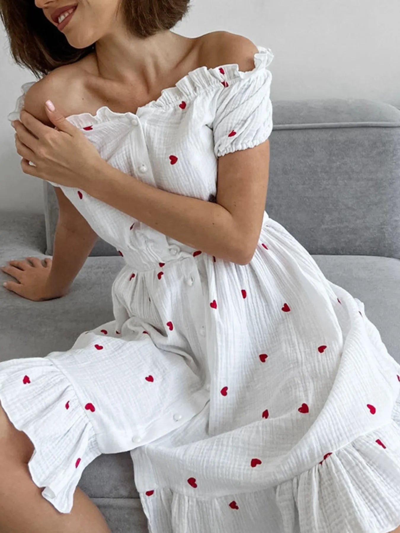 Heart Printed Off-Shoulder Ruffle Mini Dress -