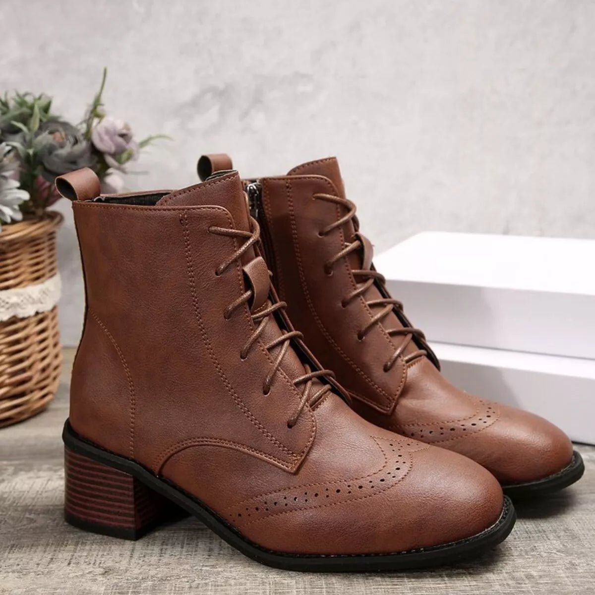 Lace-Up Ankle Boots with Zipper - Dark Brown
