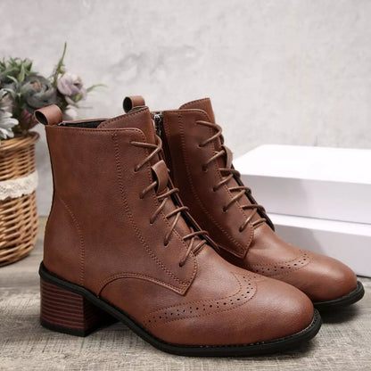 Lace-Up Ankle Boots with Zipper - Dark Brown