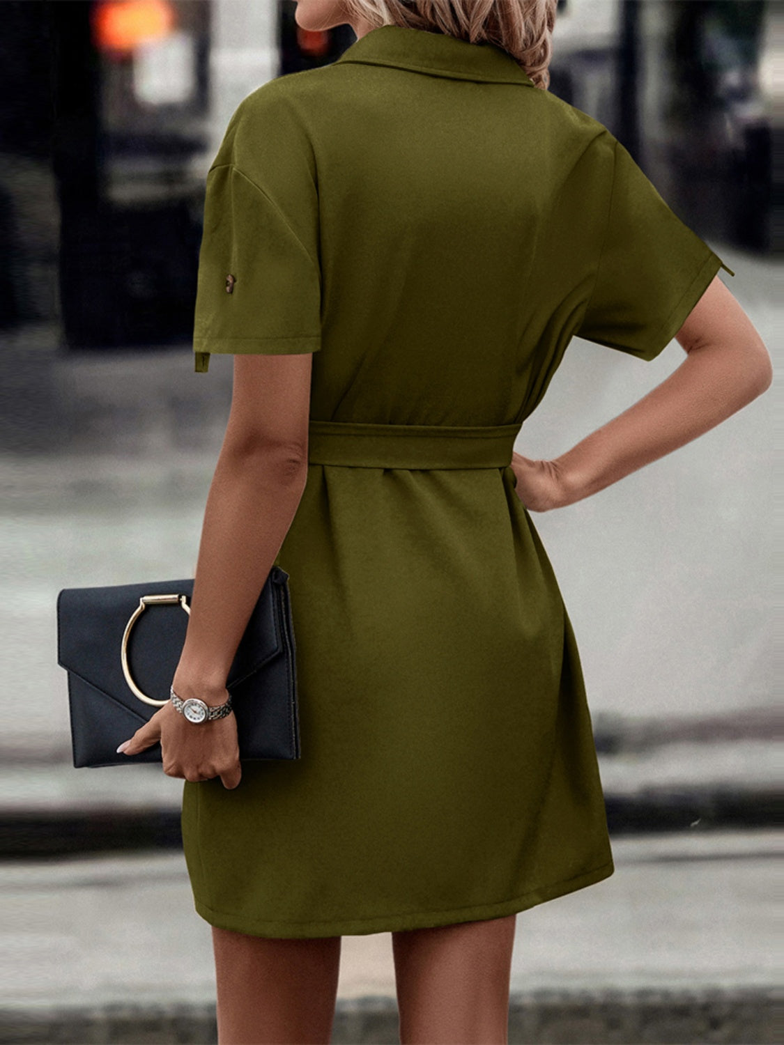 Tie Waist Collared Dress - Army Green