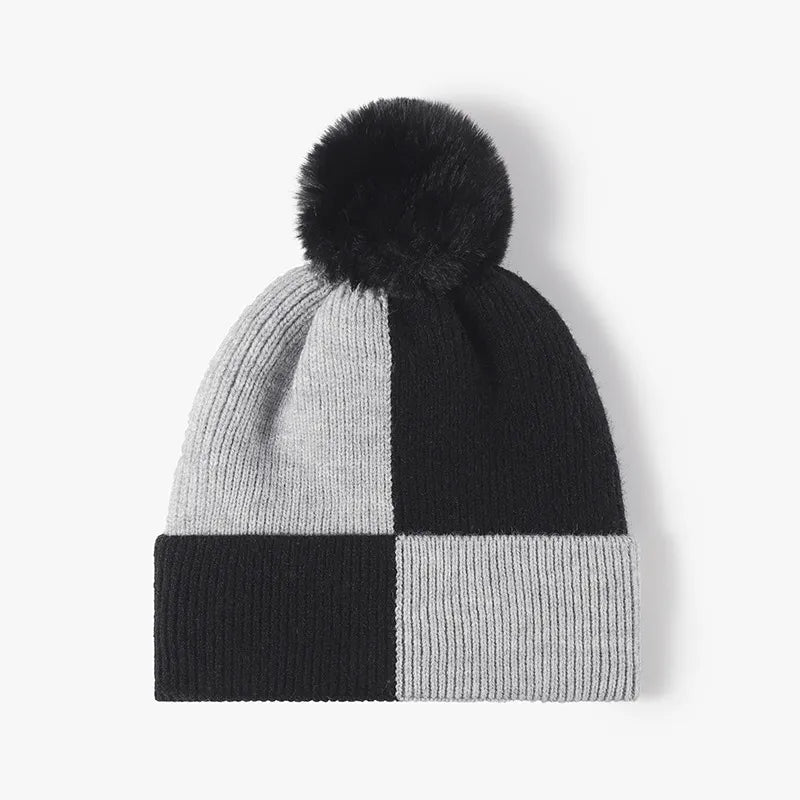 Color Block Knit Hat with Pom-pom - Black One Size
