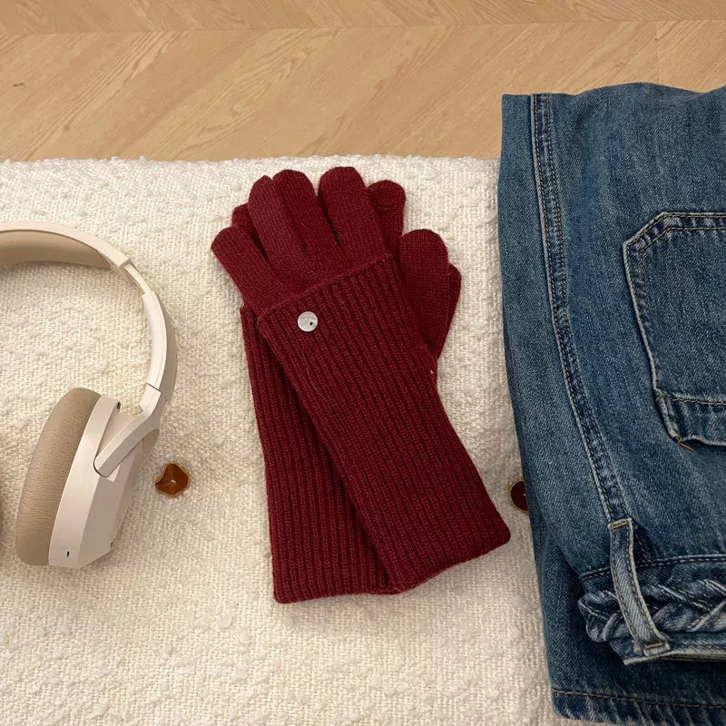 Ribbed Knit Touchscreen Gloves - Angora Red One Size