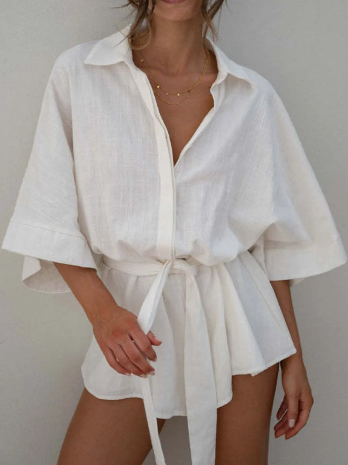 Collared Neck Half Sleeve Romper - White