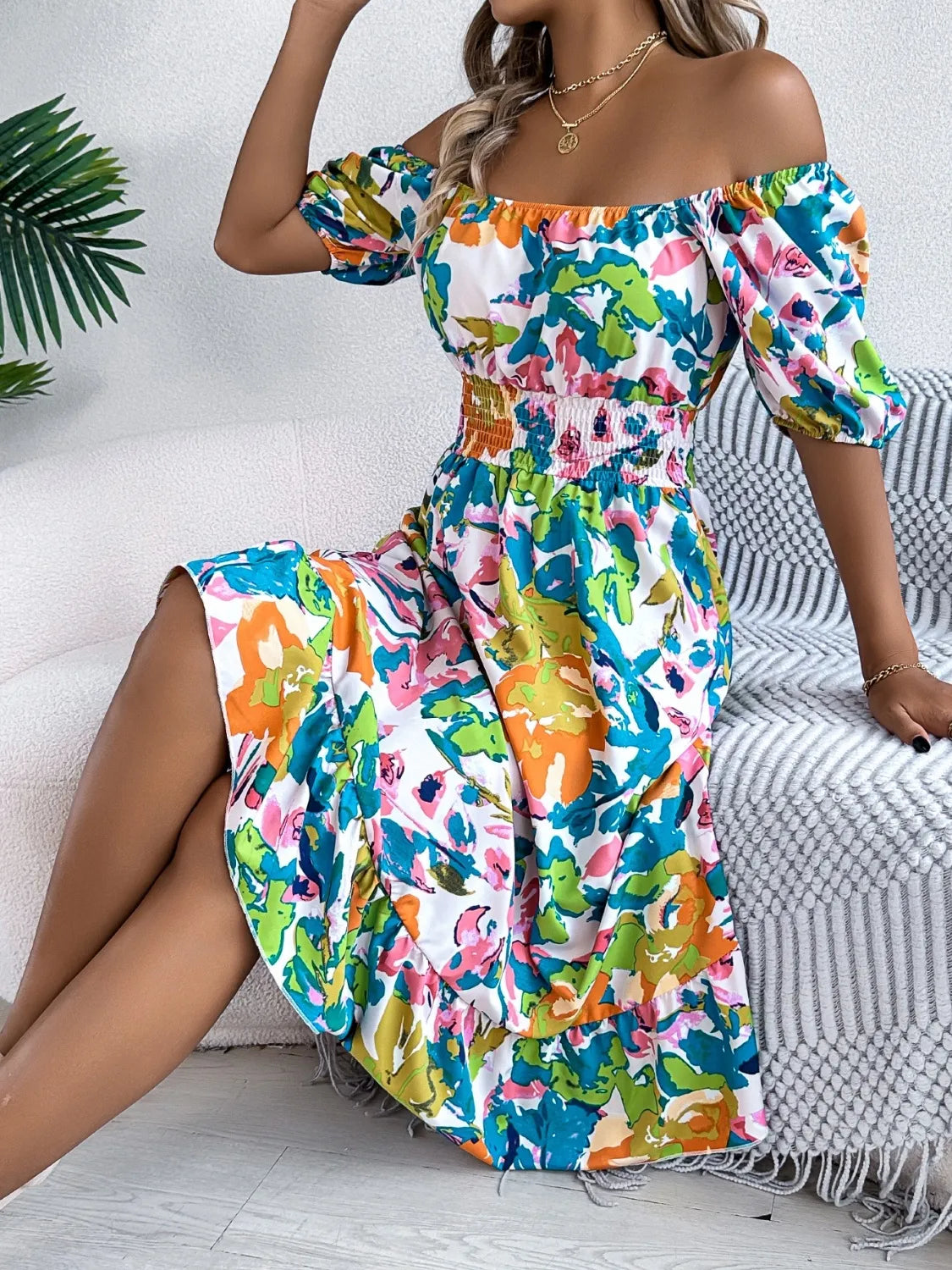 Ruffled Hem Smocked Floral Midi Dress - Green
