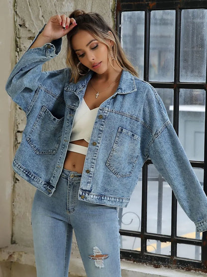 Button Down Drop Shoulder Denim Jacket - Light