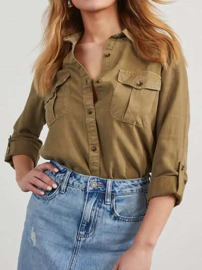 Collared Neck Roll-Tab Sleeve Denim Top - Olive Brown