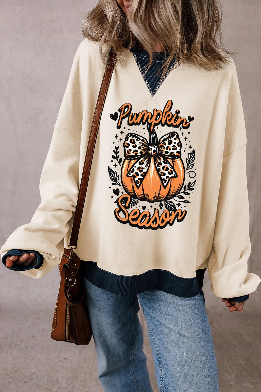 Pumpkin Graphic Long Sleeve Sweatshirt - Cream